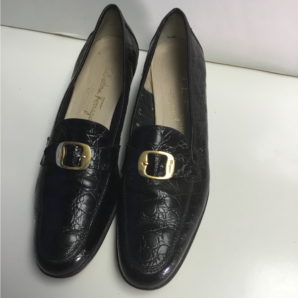Black Croc-Embossed Leather Loafers with Gold Buckle